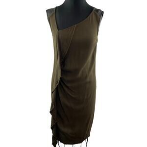 PURE DKNY V Neck Front Ruffle Dress Dark Olive Green Leather Trim M Medium $335
